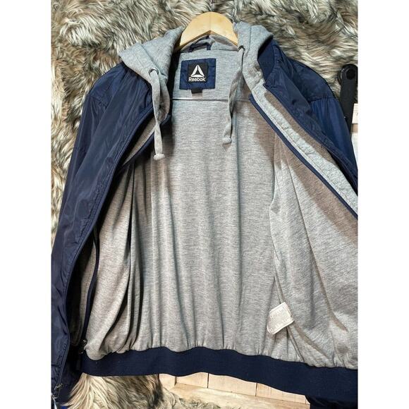 Reebok Navy Blue Fleece Lined Polyester Double Zipper Hooded Jacket / Coat Men L - Picture 5 of 7